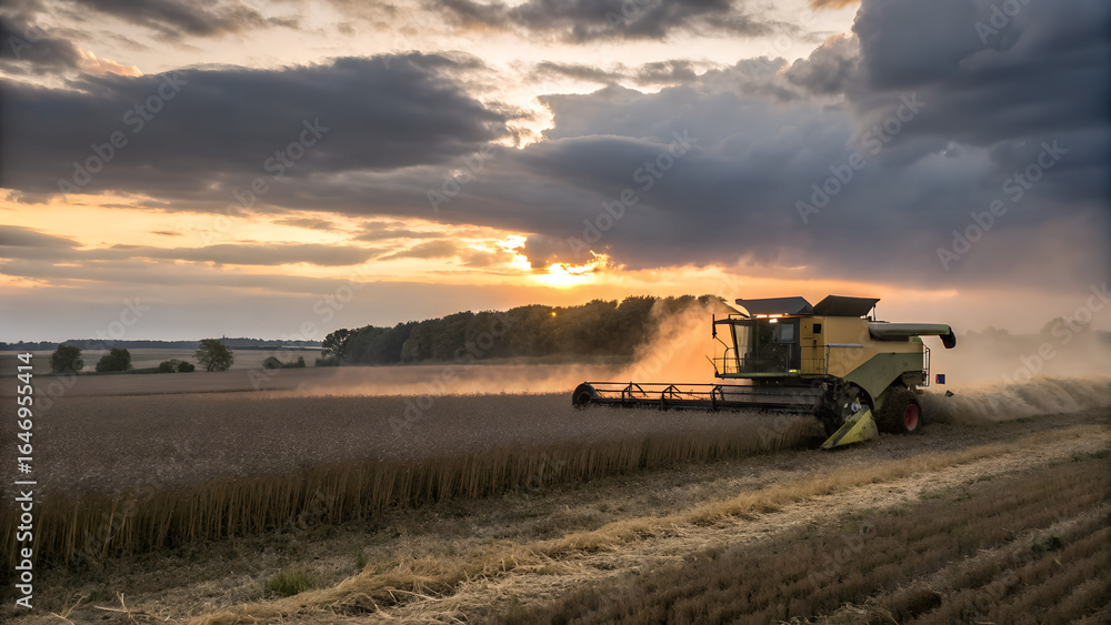 Fototapeta premium Combine harvester working in a field at sunset