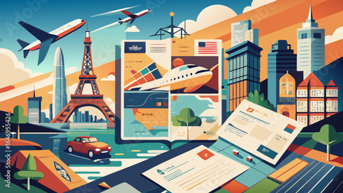 An artistic illustration featuring iconic landmarks, airplanes, and travel brochures, creating a vibrant travel-themed landscape.