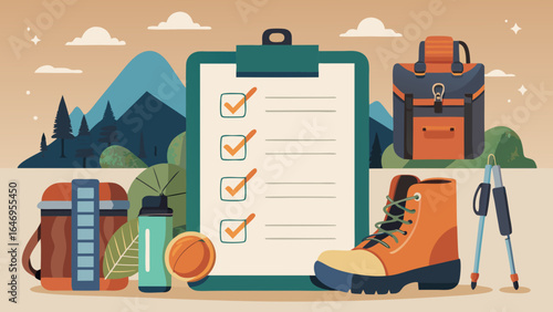 A vibrant outdoor adventure setup featuring hiking boots, a backpack, and a checklist on a clipboard.