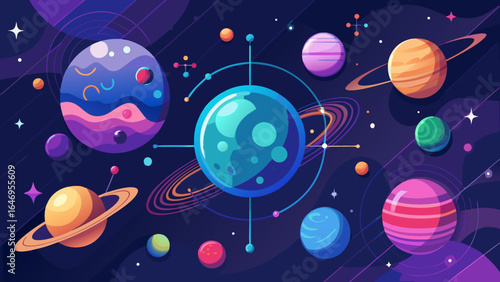 Colorful cosmic illustration featuring various planets in a vibrant outer space setting.
