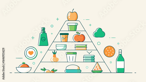 Illustration of a food pyramid, showcasing various food groups in a colorful, modern design.