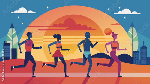 Four diverse runners sprint towards a vibrant sunset in a colorful urban landscape.