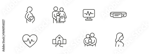 Healthcare and medical line icon set. family, pregnancy, heartbeat outline collection