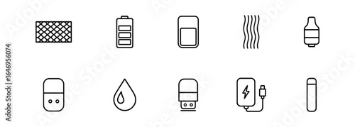 Vaping, e-cigarettes line icon set. vape, liquid, battery icons outline collection