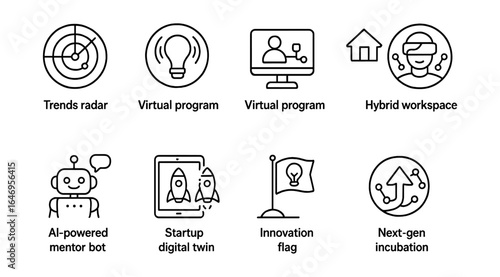 Business and technology line icon set. innovation, ai, and digital workspace collection