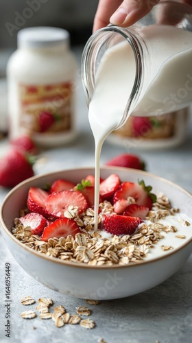 Hand pouring milk into bowl with oats and strawberries