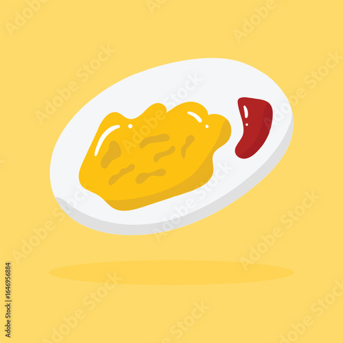 Omelette with ketchup on a white dish isolated on a yellow background.