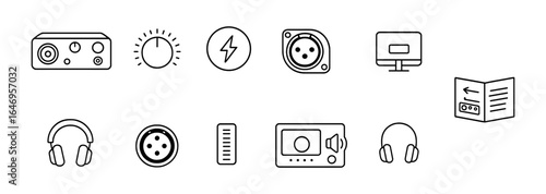 Technology line icon set. audio, electronics, and gadget icons in linear style