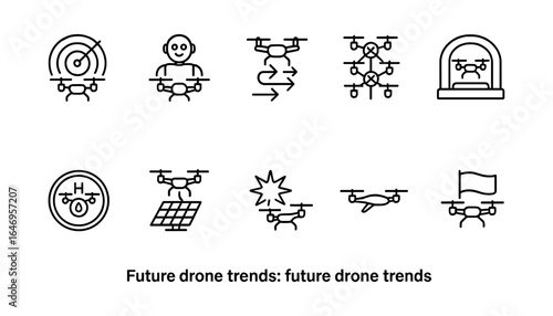 Drone technology line icon set: future, innovation, uav, flight control, automation