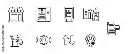 Retail and technology line icon set. vending, analytics, kiosk, payment icons outline collection