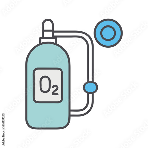 Medical oxygen tank with tube and mask icon for breathing support isolated on transparent background
