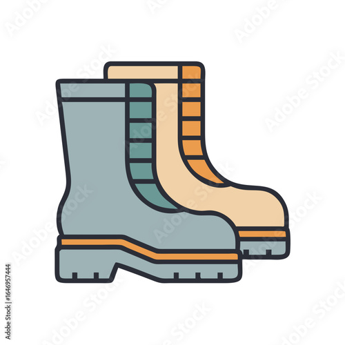 Pair of sturdy work boots with a flat sole and high ankle support isolated on transparent background