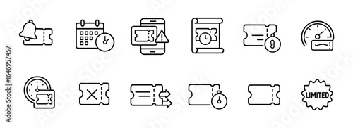 Event and notification linear icon set. alerts, calendars, and tickets line art collection