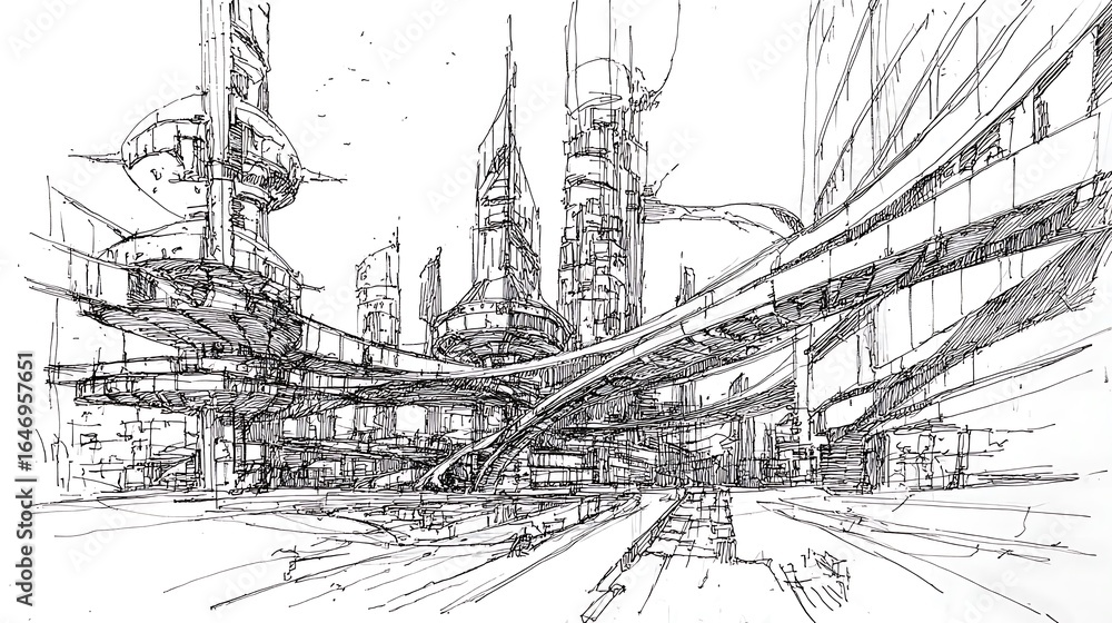 Fototapeta premium Detailed ink sketch of a futuristic cityscape.