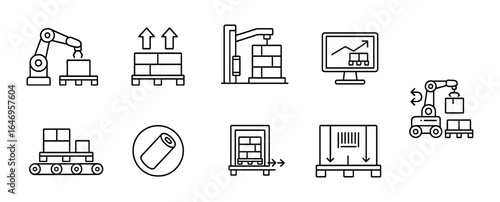 Logistics and supply chain outline icon set. warehouse, shipping, automation symbols