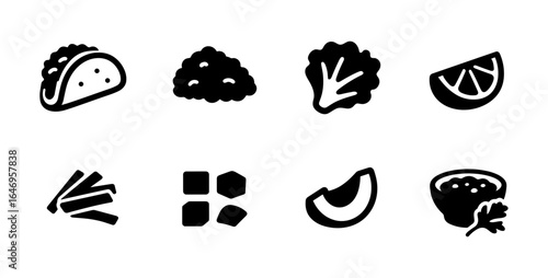 Mexican food silhouette icon set. tacos, salsas, chili, and tortilla symbols collection