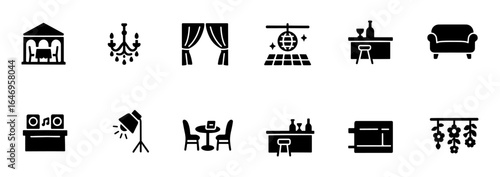 Event, party solid icon set. venue, seating, lighting, drinks, music solid collection