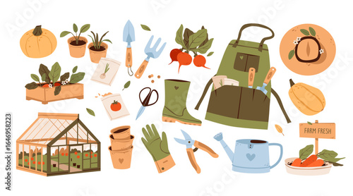 Gardening tools and vegetables. Agriculture vector set with watering can, pumpkin, seedling, and gloves. Perfect for farm, harvest, and organic food concept.