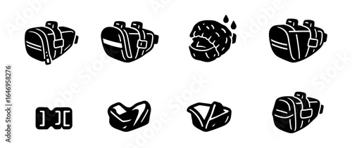 Backpack and gear solid icon set. outdoor, adventure icons in bold style