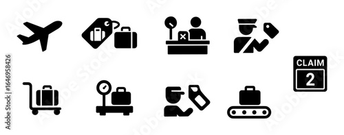 Travel and tourism silhouette icon set. vacation, airport, baggage icons collection