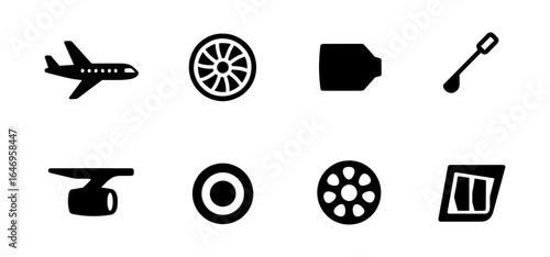 Aviation silhouette icon set. airplane, engine, luggage, runway icons silhouette style