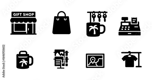 Shopping and tourism solid icon set: retail, travel, souvenir, merchandise icons