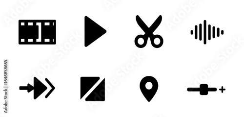 Multimedia silhouette icon set. film, audio, video, sound, music icons silhouette collection