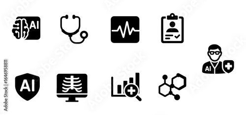 Healthcare, medical solid icon set. ai, stethoscope, ecg, profile icons in solid style
