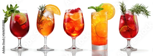 Colorful cocktails in stemmed glasses, garnished with fruit and herbs