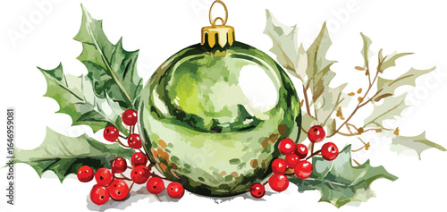 Watercolor Christmas Ornament with Holly Berries and Leaves Illustration