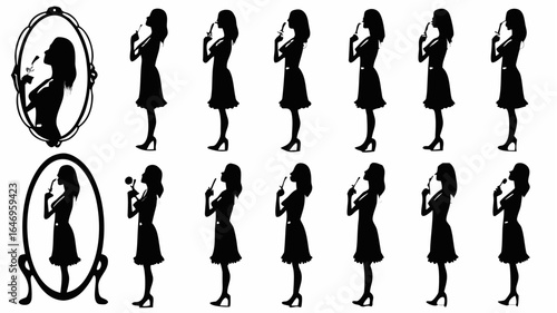 Silhouettes of women applying makeup, some reflected in ornate mirrors, in a repeating pattern design