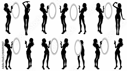 Silhouetted women posing with oval mirrors in various positions in a repeating pattern design art