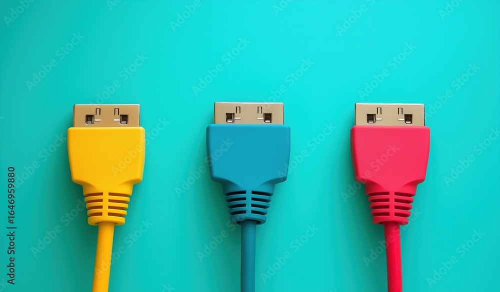 Three colorful cables with simple flash drives on vibrant blue background, modern tech accessories for data storage or digital transfer concept Three colorful cables with simple flash drives on vibrant blue background, modern tech accessories for data storage or digital transfer concept