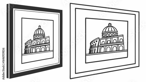 Framed colosseum art print drawing with dome architecture and roman landmark in black and white line art