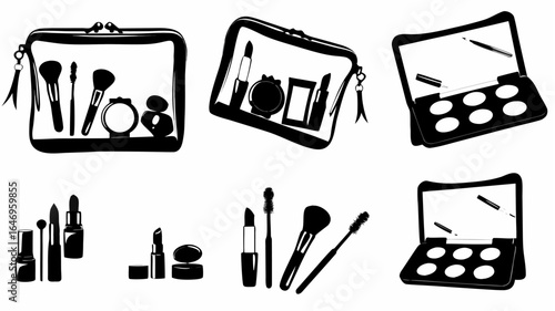 Illustration showing various makeup items including brushes lipstick and eyeshadow palettes in black and white silhouette