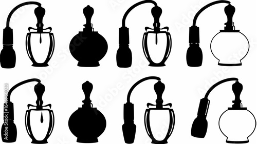 Silhouette illustration of multiple perfume bottles with atomizers arranged in rows and columns format