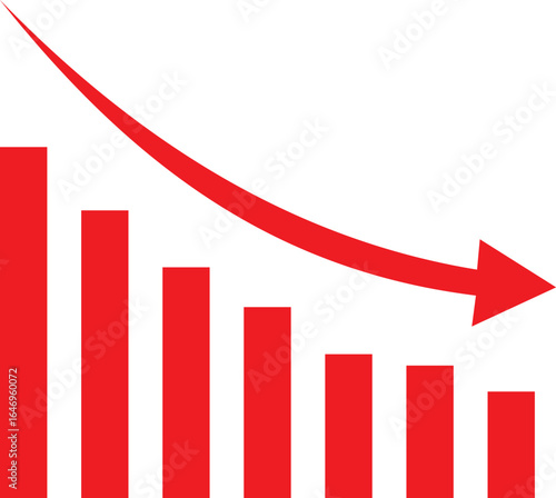Red downward arrow with bar chart symbol representing decline, loss, reduction, negative business trend