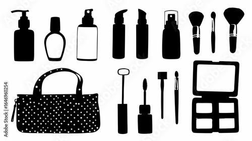 Silhouette illustration of various makeup items including brushes bottles and a polka dot bag on white