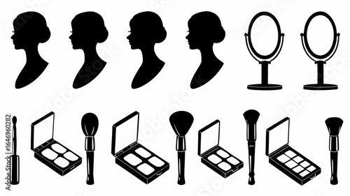 Illustration of silhouetted female profiles with makeup brushes and compacts and standing mirrors