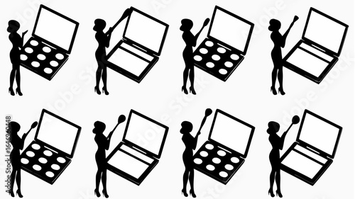 Silhouettes of women applying makeup with palettes and brushes in a repeating pattern design element