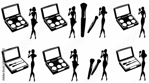 Silhouetted makeup elements featuring women, eyeshadow palettes and makeup brushes in a pattern design