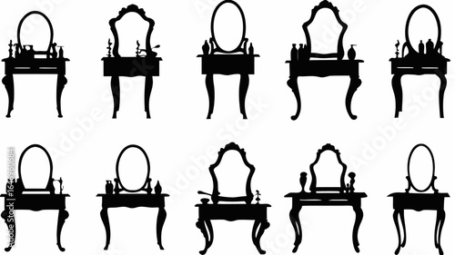 Silhouette collection of vanity tables with mirrors and cosmetic accessories in various shapes and styles