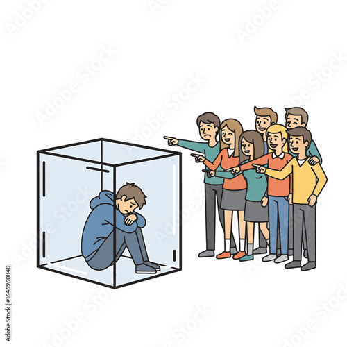 Vector illustration with subtle meaning of bullying, depicting loneliness, isolation, and victim’s emotions, ideal for educational campaigns and social awareness materials