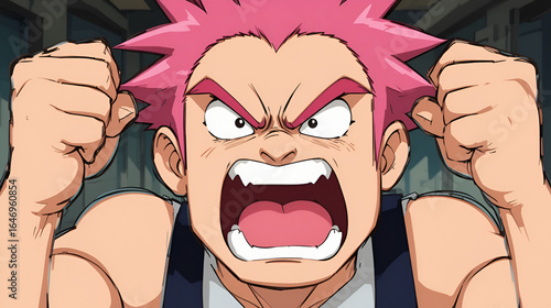 Cartoon character yells loudly with pink hair while raising his clenched fists in anger