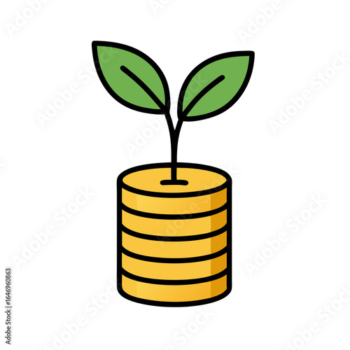 A green plant sprouts from a stack of gold coins symbolizing financial growth and investment