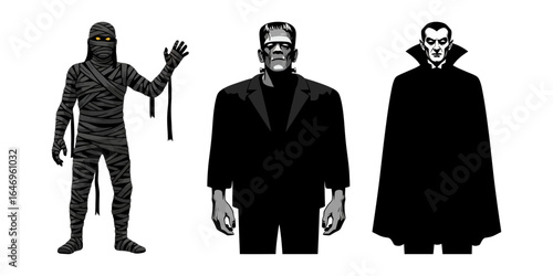 Set of Isolated Halloween Character Silhouettes: Mummy, Frankenstein, Dracula