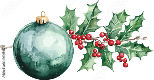 Watercolor Christmas Ornament with Holly Berries and Leaves Illustration