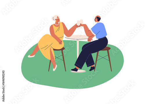 Mature love couple drinking wine outdoors. Man and woman sitting at table with wineglasses, celebrating, enjoying romantic summer date in nature. Flat vector illustration isolated on white background