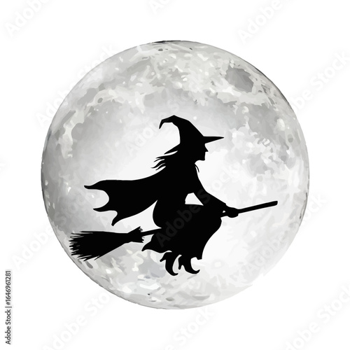 Spooky Full Moon and Flying Witch Silhouettes on White Background