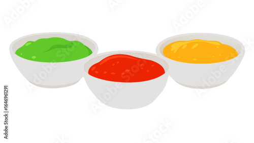 Delicious dipping sauces collection green red and yellow food condiment for tasty culinary experience gourmet treat